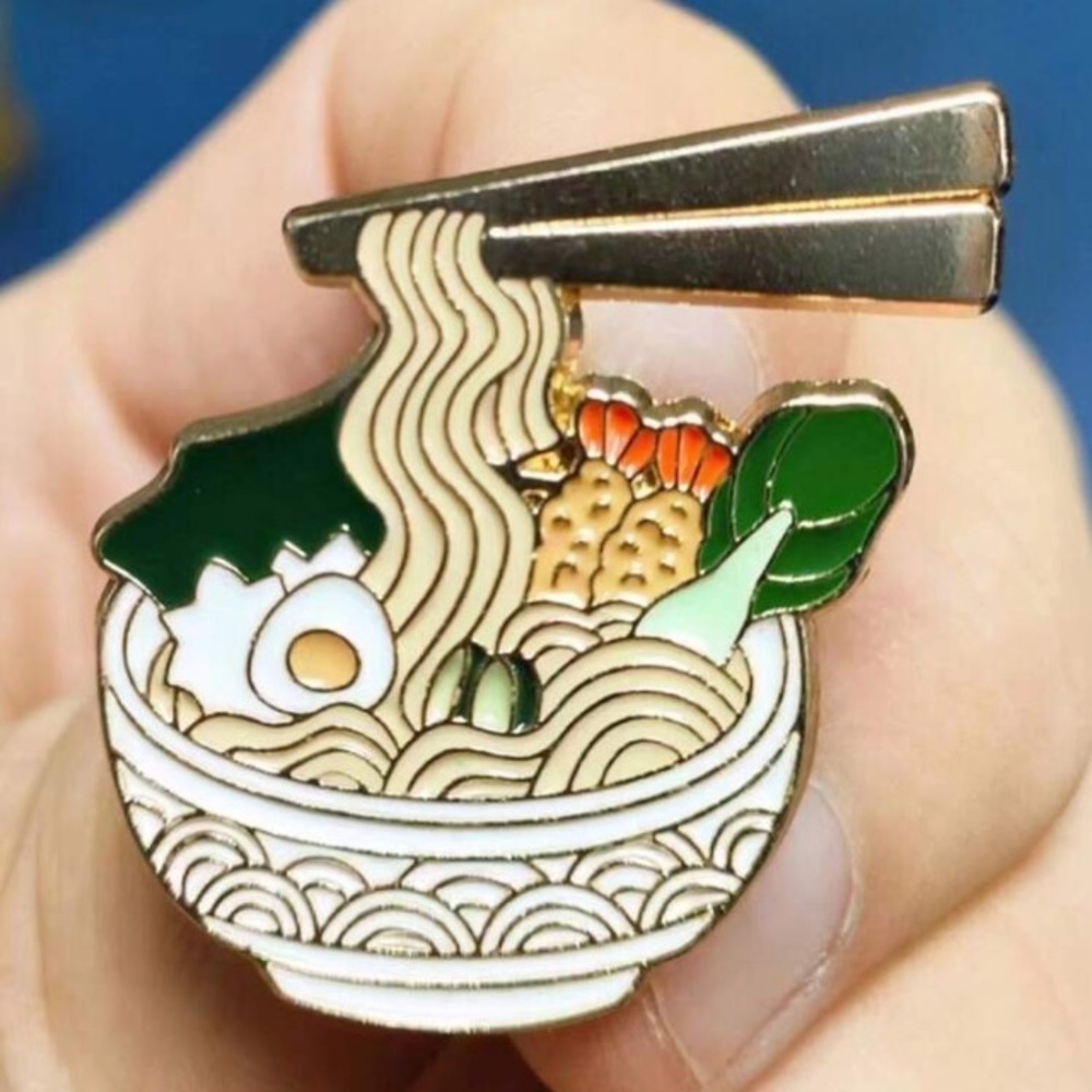 COPY - Asian food noodles broccoli egg chicken bowl enamel brooch pin bag denim…